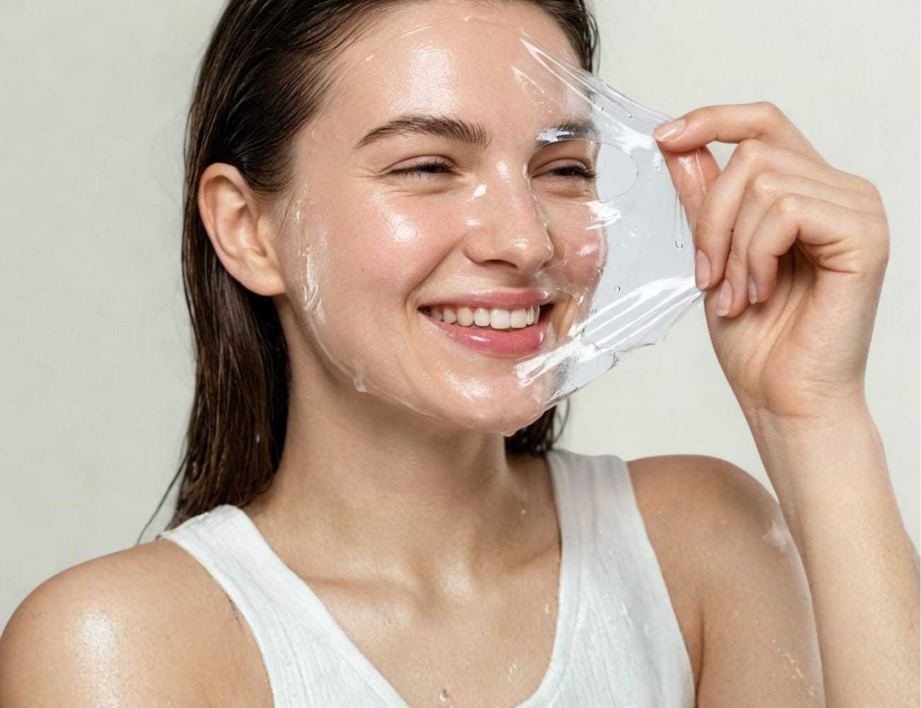 Smiling woman applying a clear skin care peel-off mask.